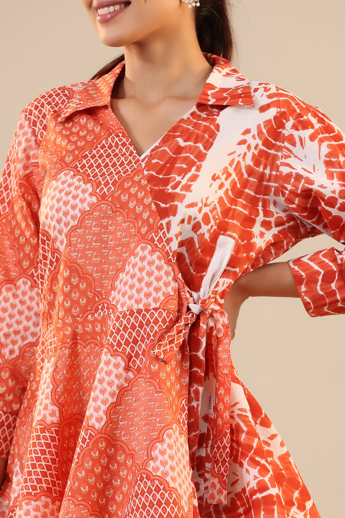 Orange abstract Shibori Knot Cotton Co-ord Set