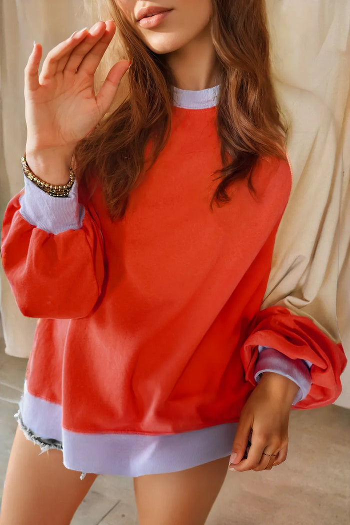 Orange Colour Block Side Slits Raglan Sleeve Loose Fit Top - ORANGE / S / 70% POLYESTER + 30% COTTON - Tops/Long Tops