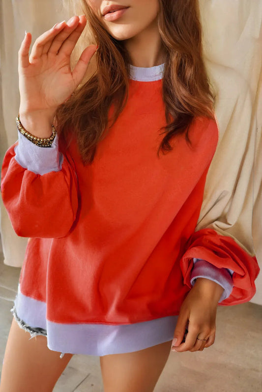 Orange Colour Block Side Slits Raglan Sleeve Loose Fit Top - ORANGE / S / 70% POLYESTER + 30% COTTON - Tops/Long Tops