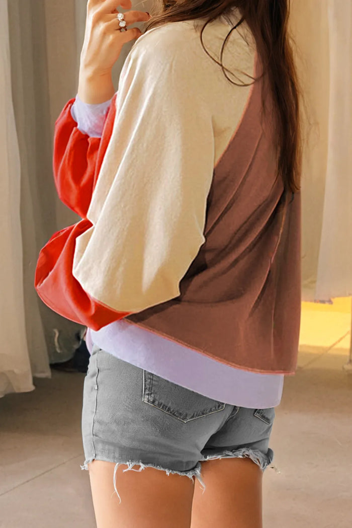 Orange Colour Block Side Slits Raglan Sleeve Loose Fit Top - Tops/Long Tops