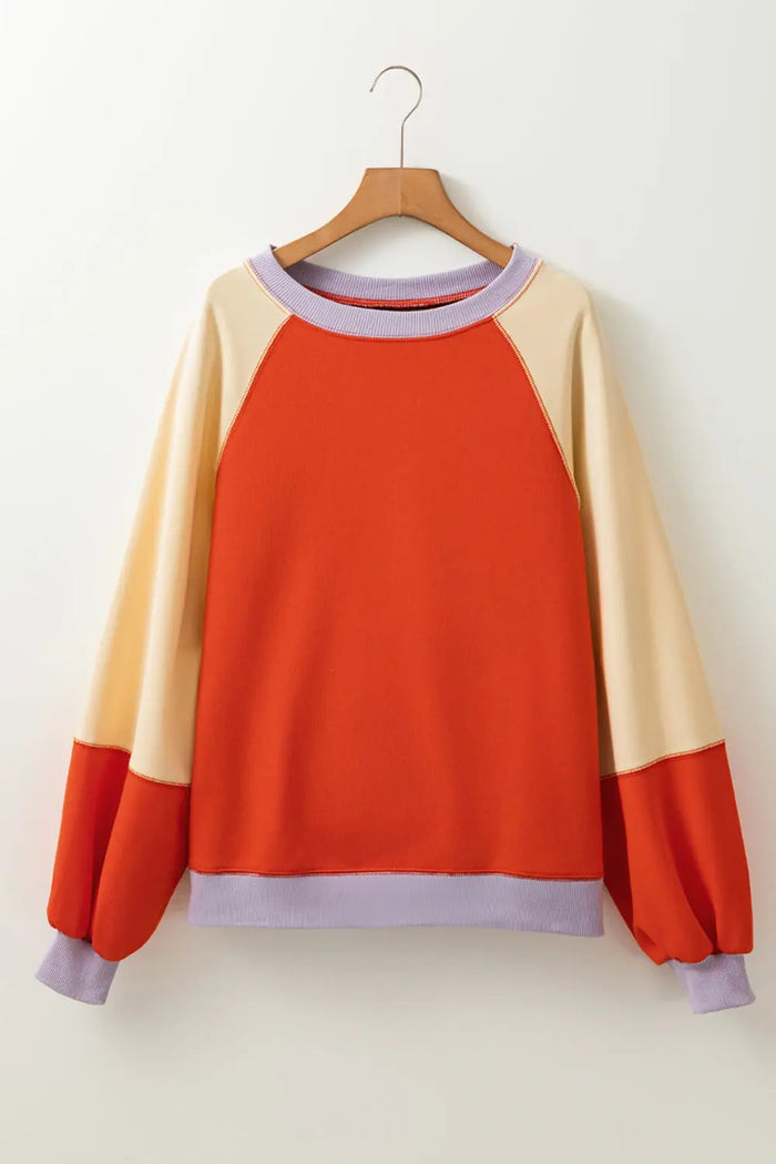 Orange Colour Block Side Slits Raglan Sleeve Loose Fit Top - Tops/Long Tops