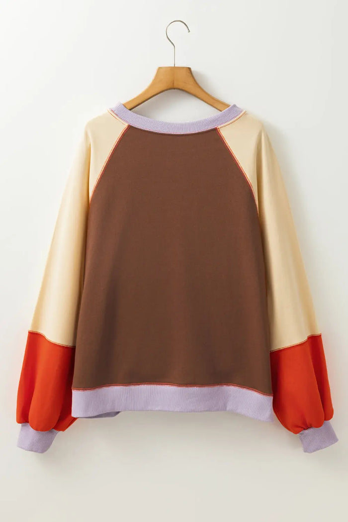 Orange Colour Block Side Slits Raglan Sleeve Loose Fit Top - Tops/Long Tops