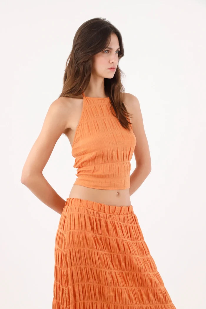 Orange Polyester Halter Top for Women with Crinkle Texture