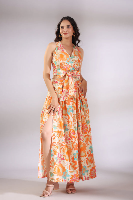 Orange Pop on Cotton Skirt and Crop Top Set