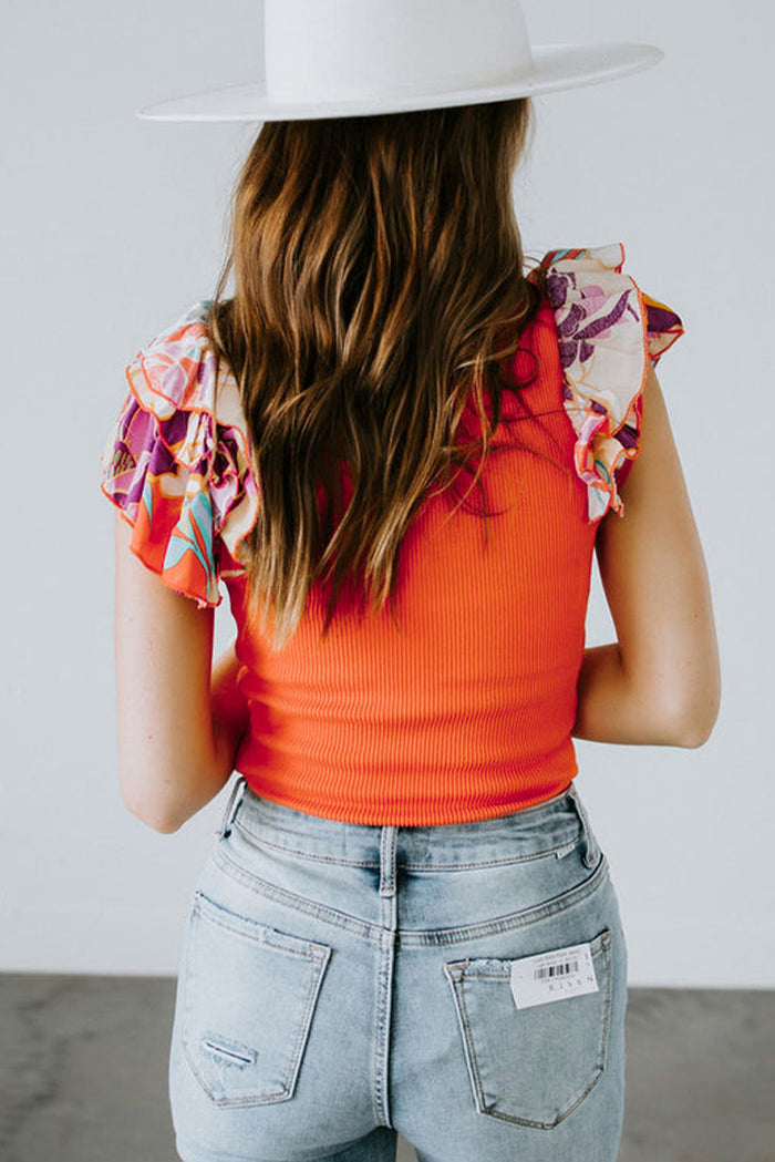 Orange Ribbed Knit Tiered Ruffled Sleeve Bodysuit - Tops/Bodysuits