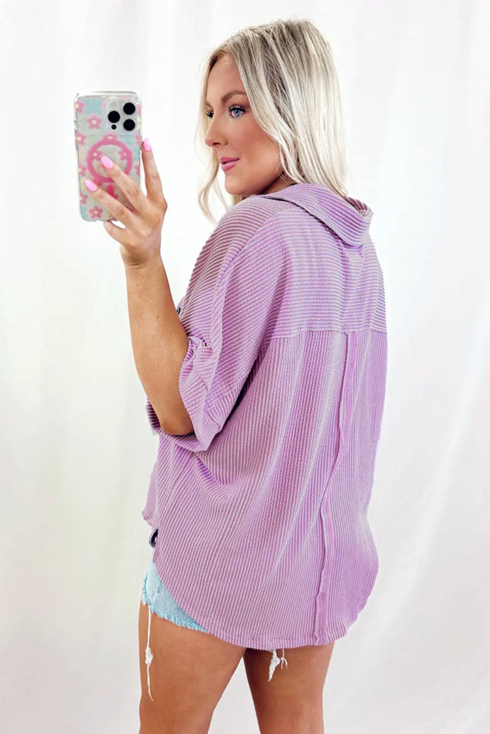Orchid Bouquet Ribbed Flap Pocket Collared Buttoned Short Sleeve Top - Tops/Tops & Tees