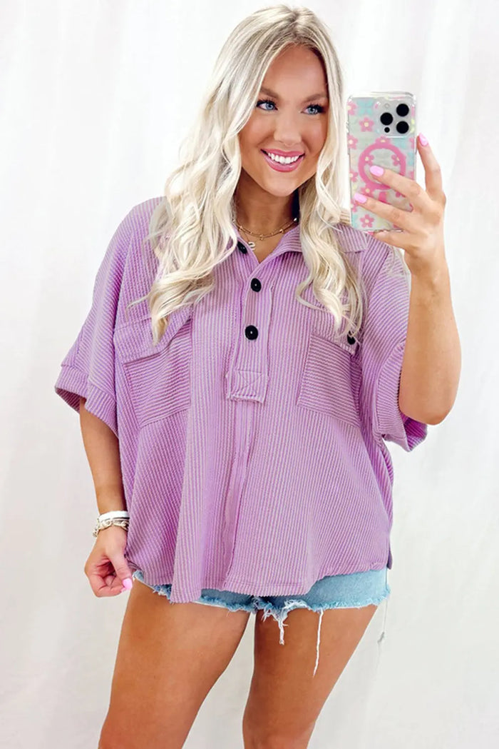 Orchid Bouquet Ribbed Flap Pocket Collared Buttoned Short Sleeve Top - Tops/Tops & Tees