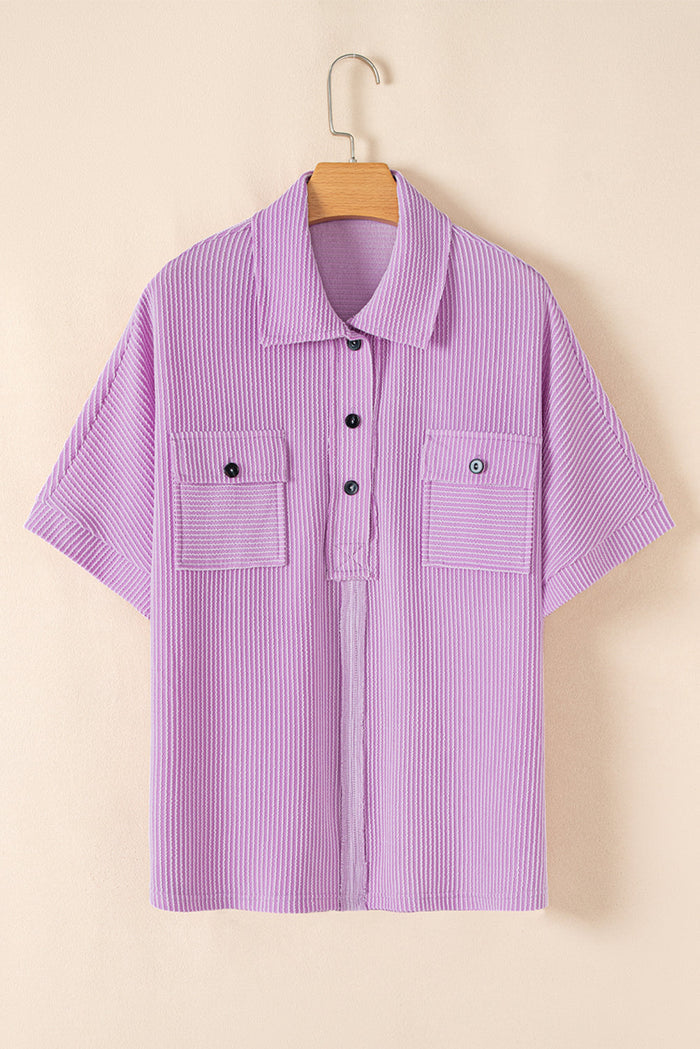 Orchid Bouquet Ribbed Flap Pocket Collared Buttoned Short Sleeve Top - Tops/Tops & Tees