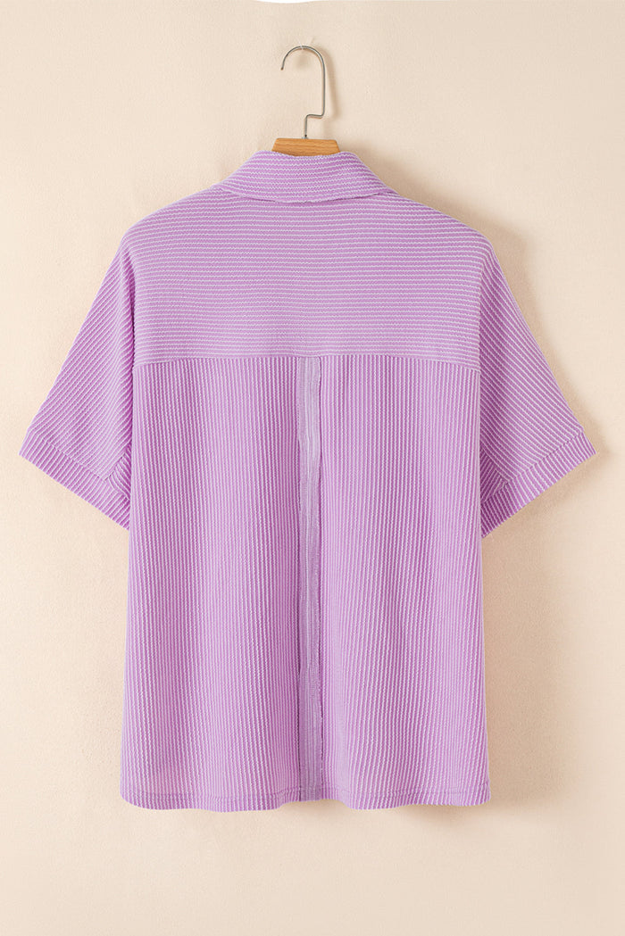 Orchid Bouquet Ribbed Flap Pocket Collared Buttoned Short Sleeve Top - Tops/Tops & Tees