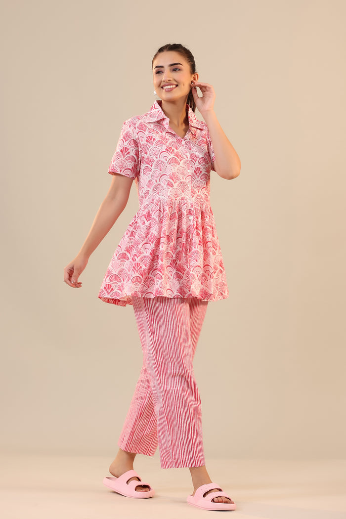 Parallel Stripes with Atelior on Pink Peplum Loungewear Top Set