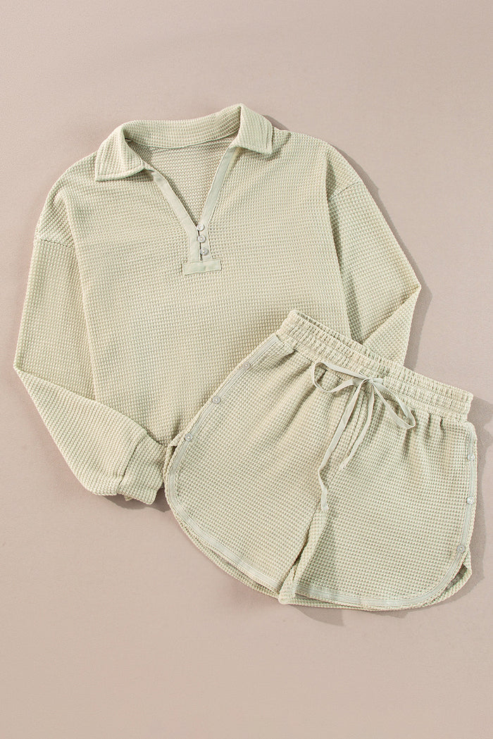Parchment Textured Buttoned Long Sleeve Top 2 Piece Shorts Set - PARCHMENT / S / 95% POLYESTER + 5% ELASTANE - Two