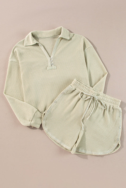 Parchment Textured Buttoned Long Sleeve Top 2 Piece Shorts Set - PARCHMENT / S / 95% POLYESTER + 5% ELASTANE - Two
