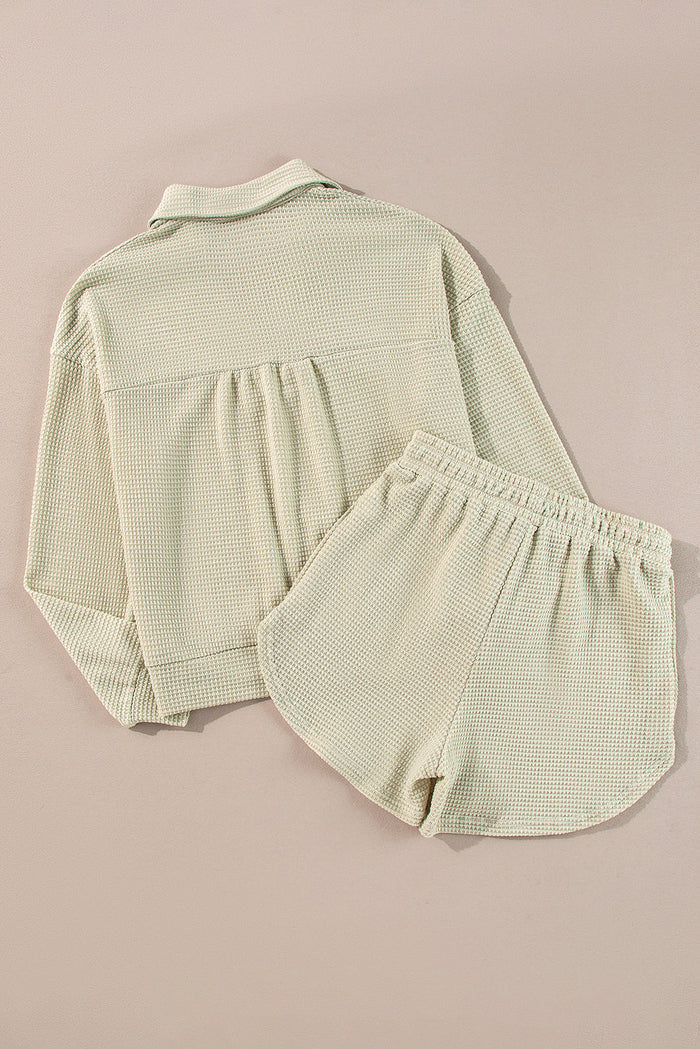 Parchment Textured Buttoned Long Sleeve Top 2 Piece Shorts Set - Two Sets/Short Sets