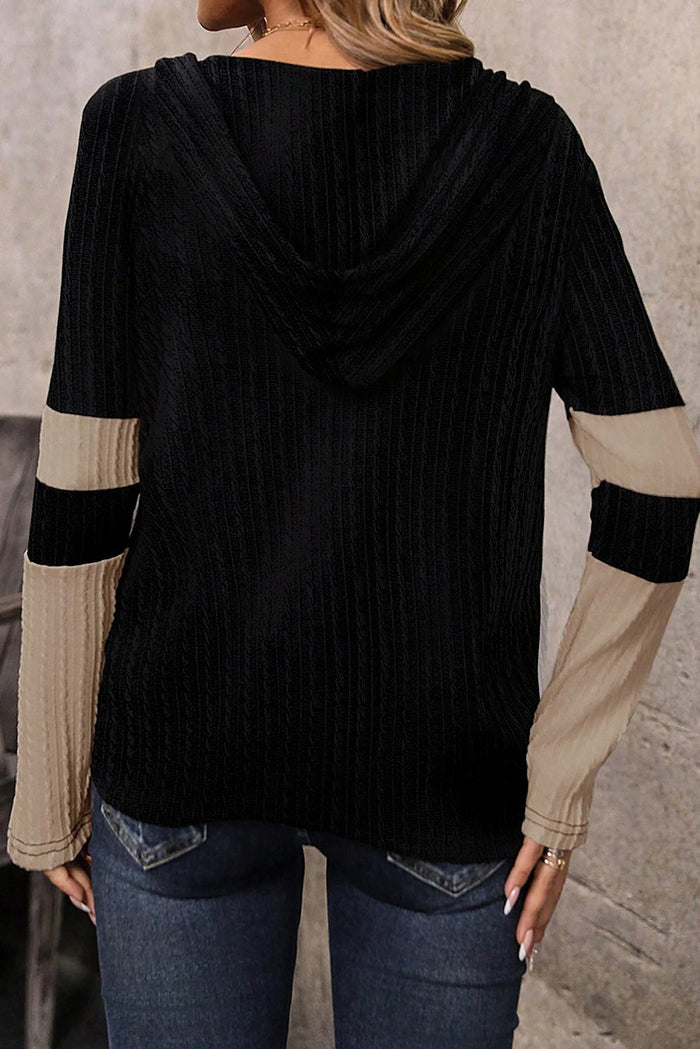 Parchment Textured Colourblock Long Sleeve Quarter Zip Drawstring Hooded Top - Tops/Sweatshirts & Hoodies