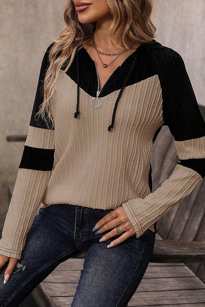 Parchment Textured Colourblock Long Sleeve Quarter Zip Drawstring Hooded Top - Tops/Sweatshirts & Hoodies