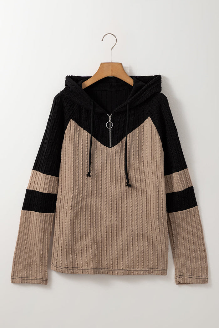 Parchment Textured Colourblock Long Sleeve Quarter Zip Drawstring Hooded Top - Tops/Sweatshirts & Hoodies
