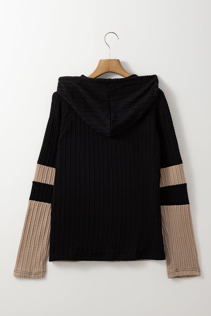 Parchment Textured Colourblock Long Sleeve Quarter Zip Drawstring Hooded Top - Tops/Sweatshirts & Hoodies