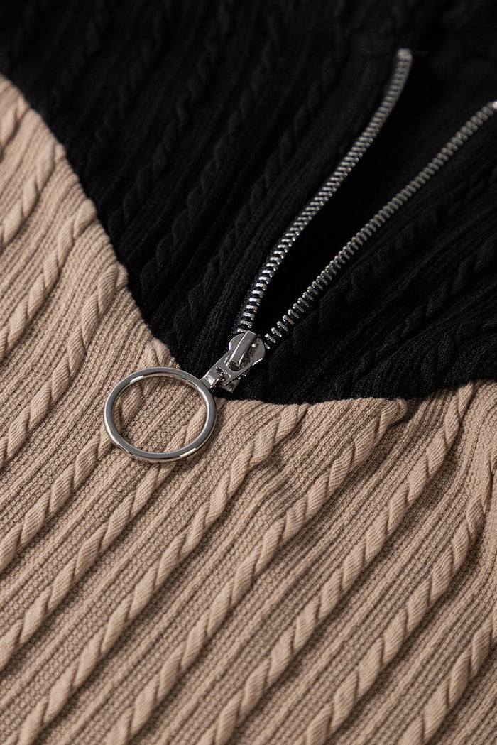 Parchment Textured Colourblock Long Sleeve Quarter Zip Drawstring Hooded Top - Tops/Sweatshirts & Hoodies