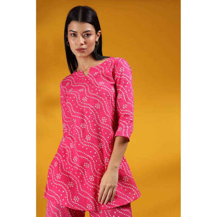 Patterned Bandhej on Pink Loungewear Top Set
