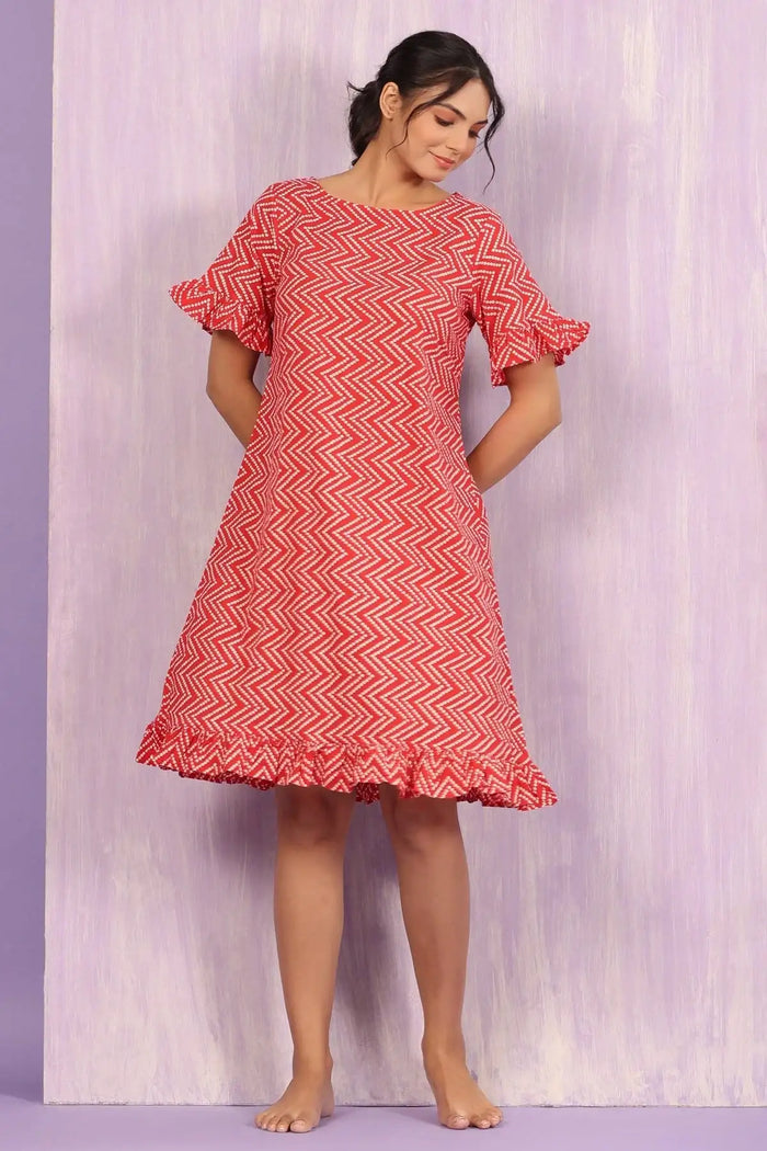 Patterned Bandhej on Red Cotton T-shirt Dress