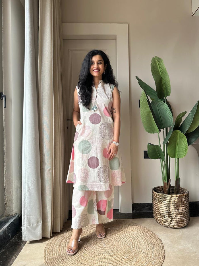 Pavitra Slub Cotton Coord Set- Pastel Circles