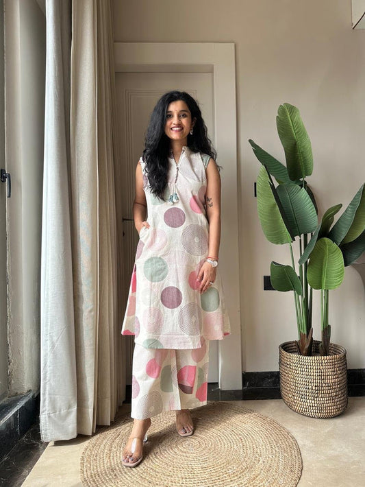 Pavitra Slub Cotton Coord Set- Pastel Circles
