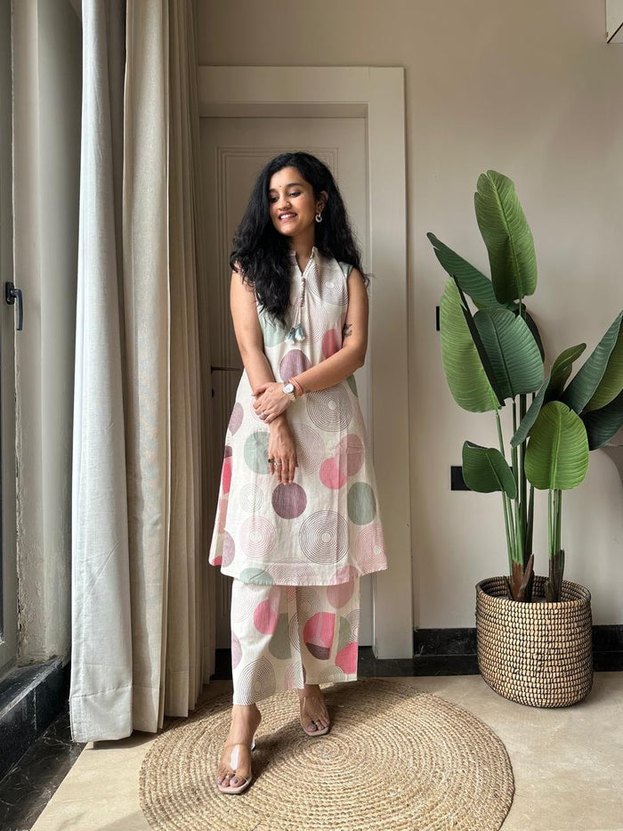 Pavitra Slub Cotton Coord Set- Pastel Circles