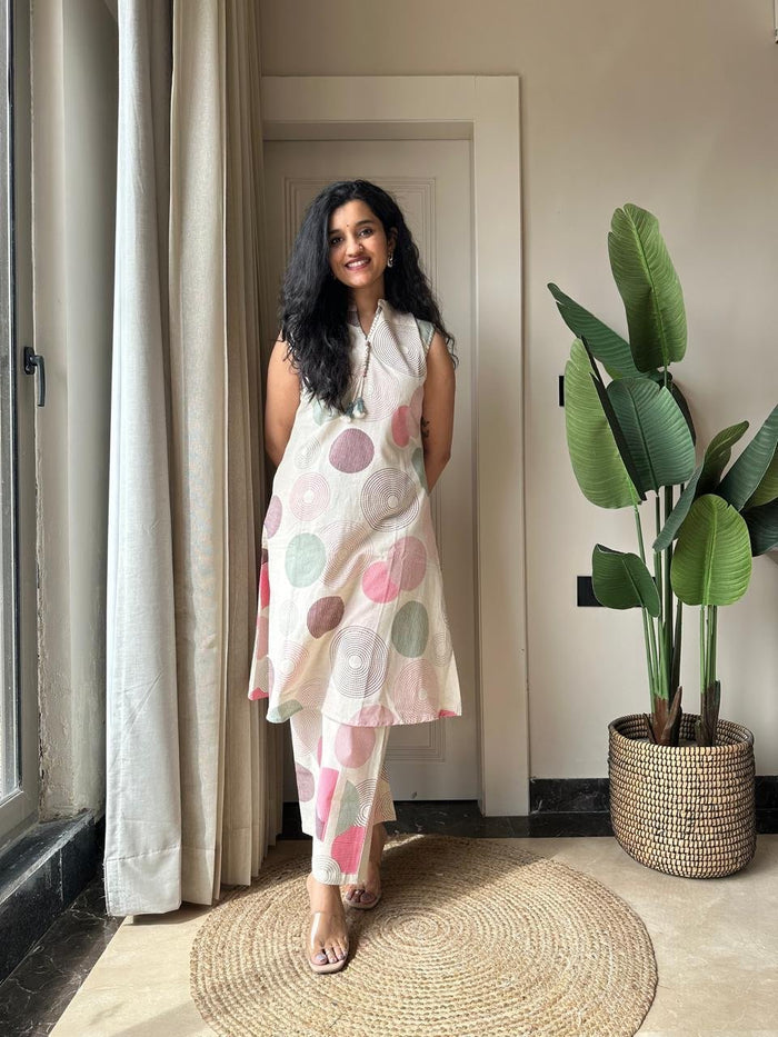 Pavitra Slub Cotton Coord Set- Pastel Circles