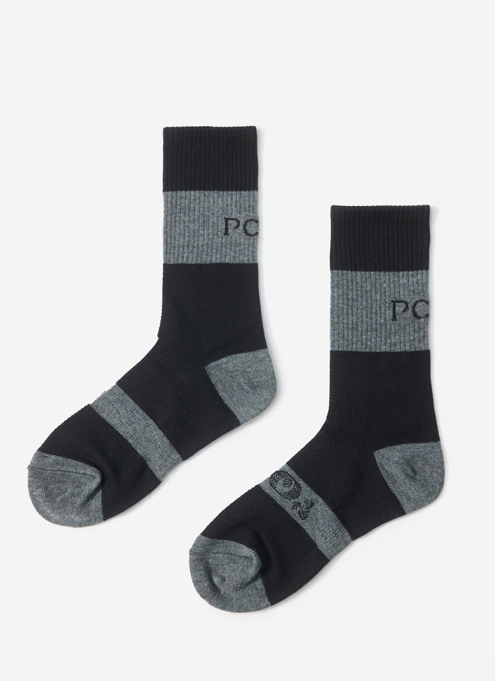 A pair of the black and grey PCVL Performance Socks from Percival, displayed on a clean white background.