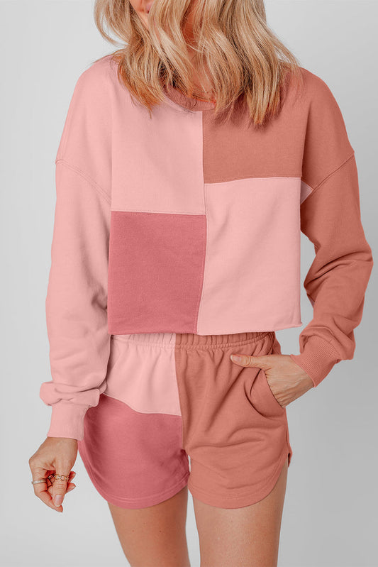 Peach Blossom Colourblock Patchwork Long Sleeve Shorts Outfit - PEACH BLOSSOM / S / 65% POLYESTER + 35% COTTON - Two