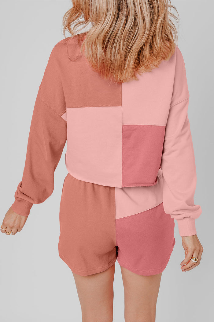 Peach Blossom Colourblock Patchwork Long Sleeve Shorts Outfit - Two Piece Sets/Short Sets