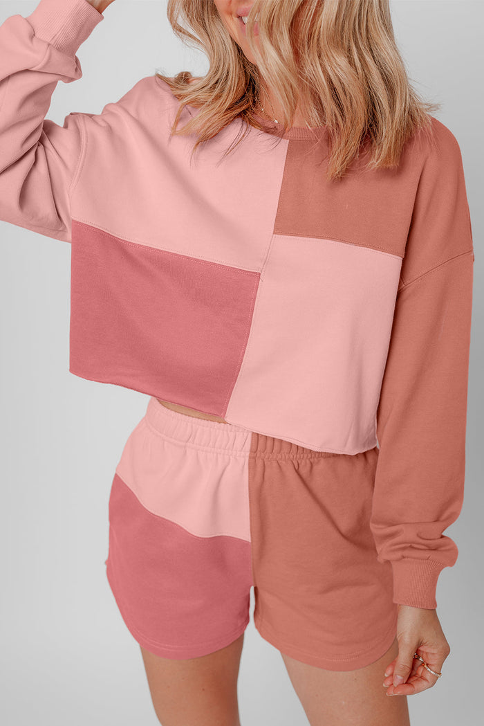 Peach Blossom Colourblock Patchwork Long Sleeve Shorts Outfit - Two Piece Sets/Short Sets