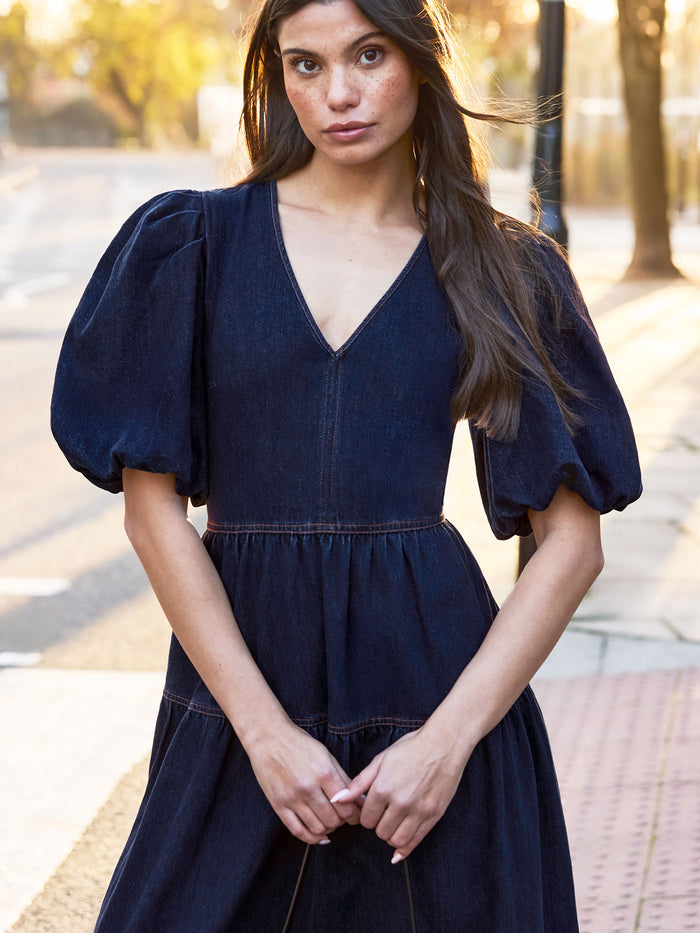 Petite Blue Denim Puff Sleeve Midi Dress