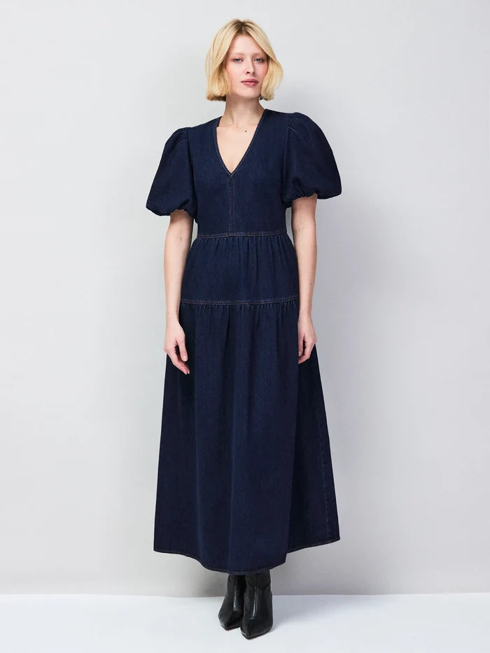 Petite Blue Denim Puff Sleeve Midi Dress