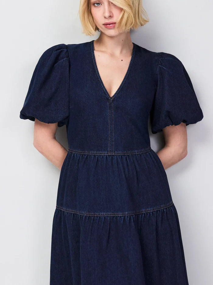Petite Blue Denim Puff Sleeve Midi Dress