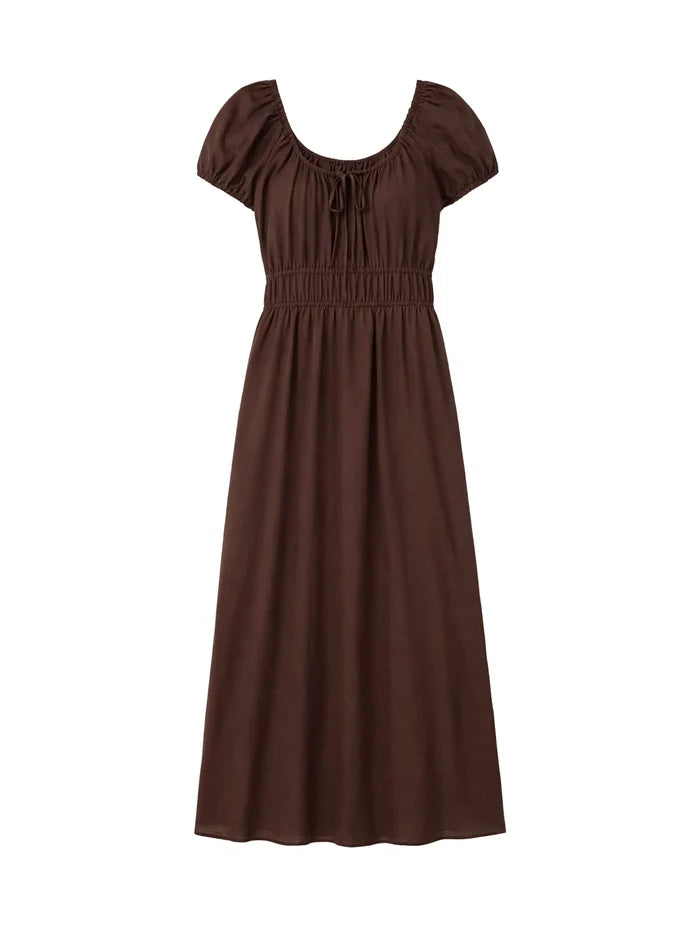 Brown midi cotton dress with relaxed fit and gathered neckline