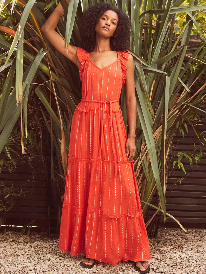 Petite Coral Lurex Tiered Maxi Dress