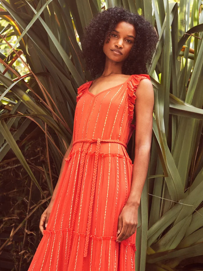 Petite Coral Lurex Tiered Maxi Dress