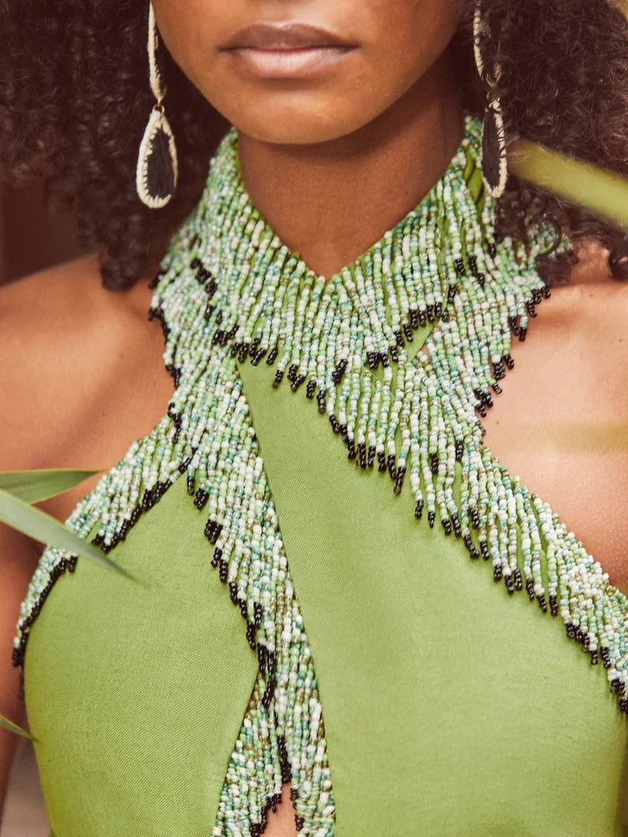 Petite Green Halter Bead-Fringe Linen Blend Dress