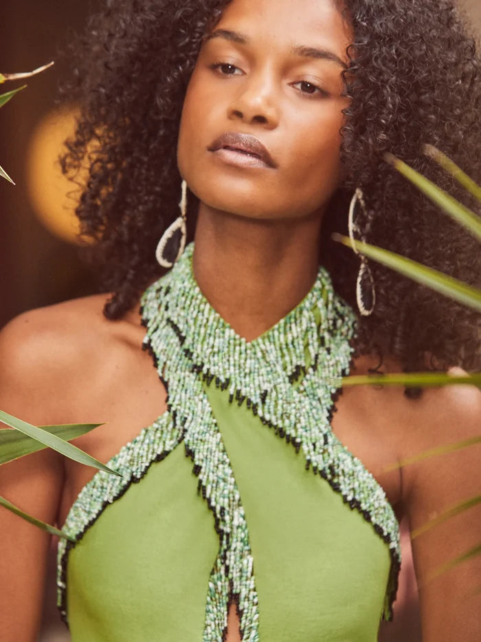 Petite Green Halter Bead-Fringe Linen Blend Dress