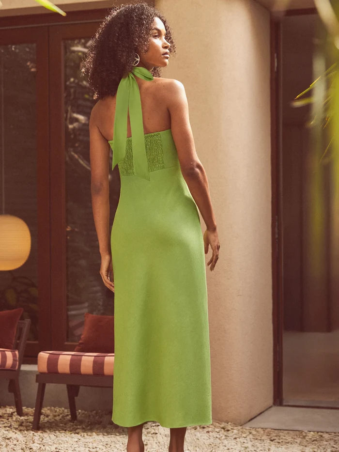 Petite Green Halter Bead-Fringe Linen Blend Dress