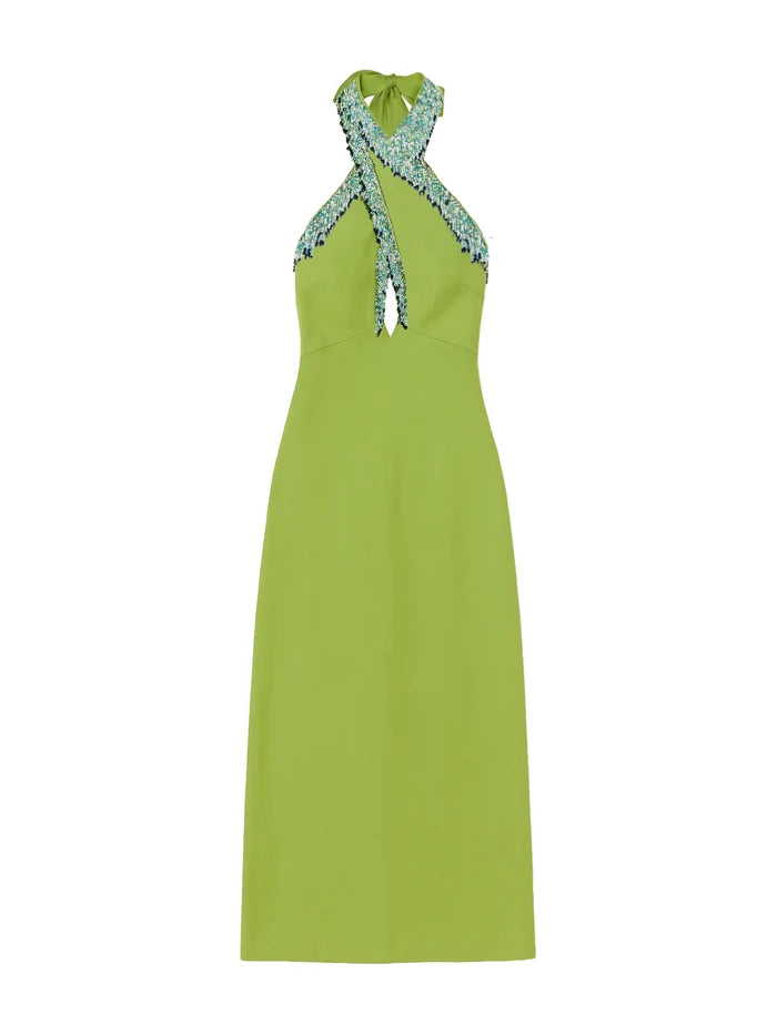 Petite Green Halter Bead-Fringe Linen Blend Dress