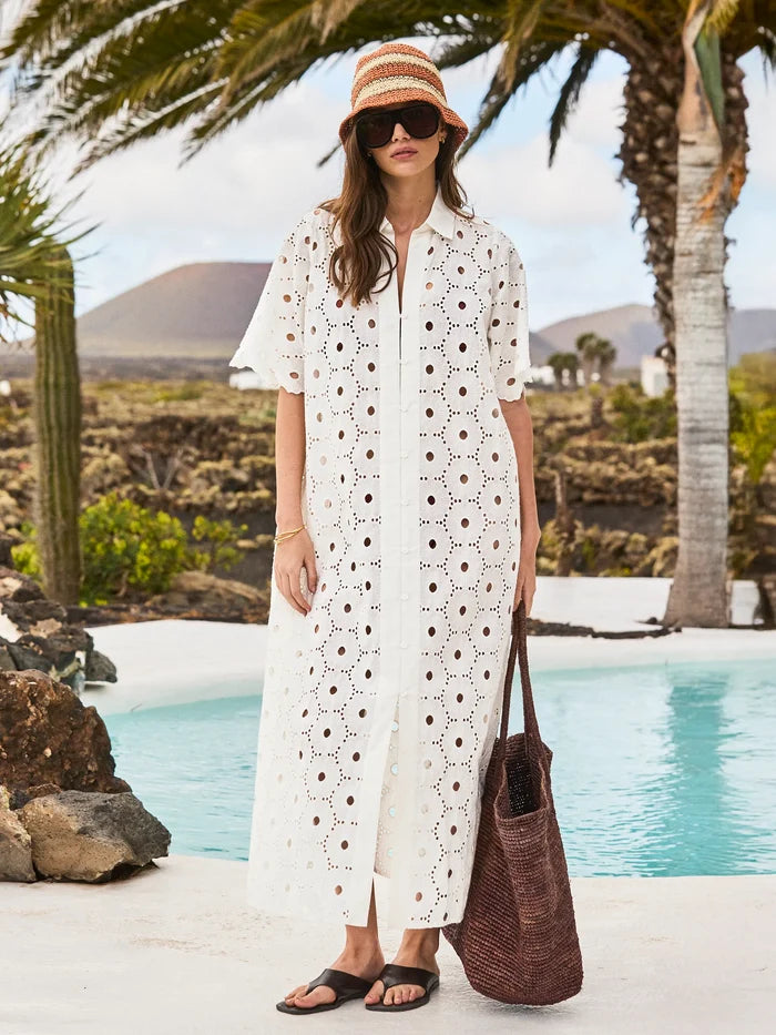 Petite Ivory Broderie Scallop Sleeve Shirt Dress