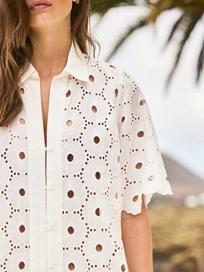 Petite Ivory Broderie Scallop Sleeve Shirt Dress