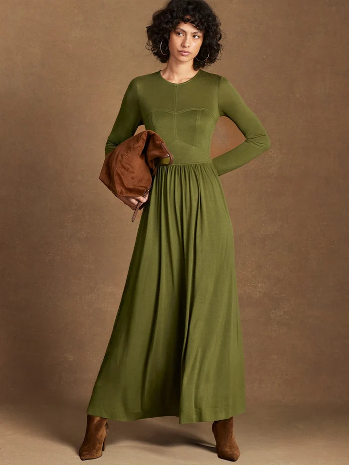 Petite Khaki Seamed Bodice Jersey Dress