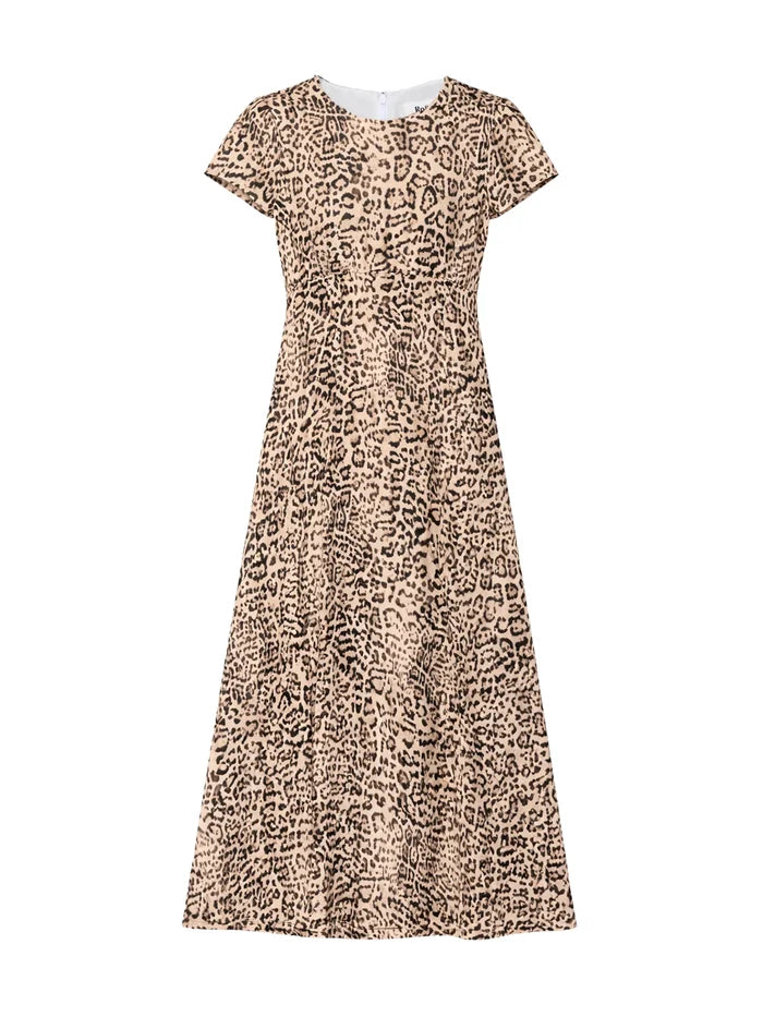 Leopard print short sleeve midi dress with concealed zip fastening