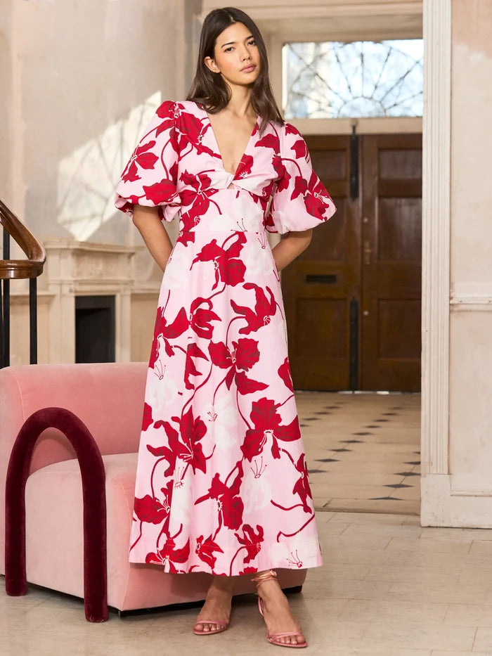 Mina red and pink floral maxi dress with puff sleeves
