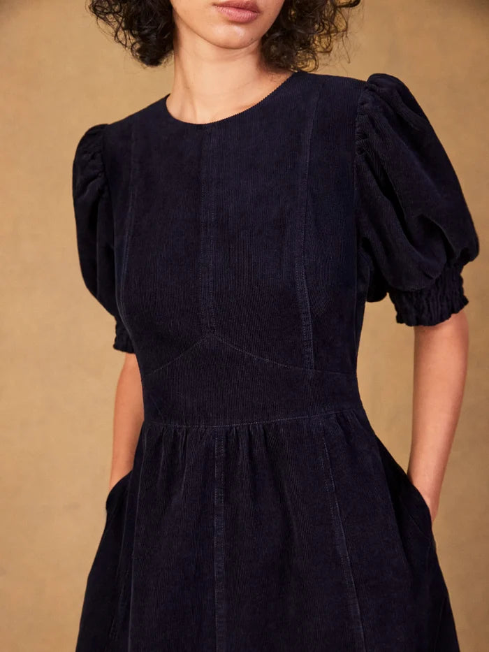 Petite Navy Cord Puff Sleeve Midi Dress