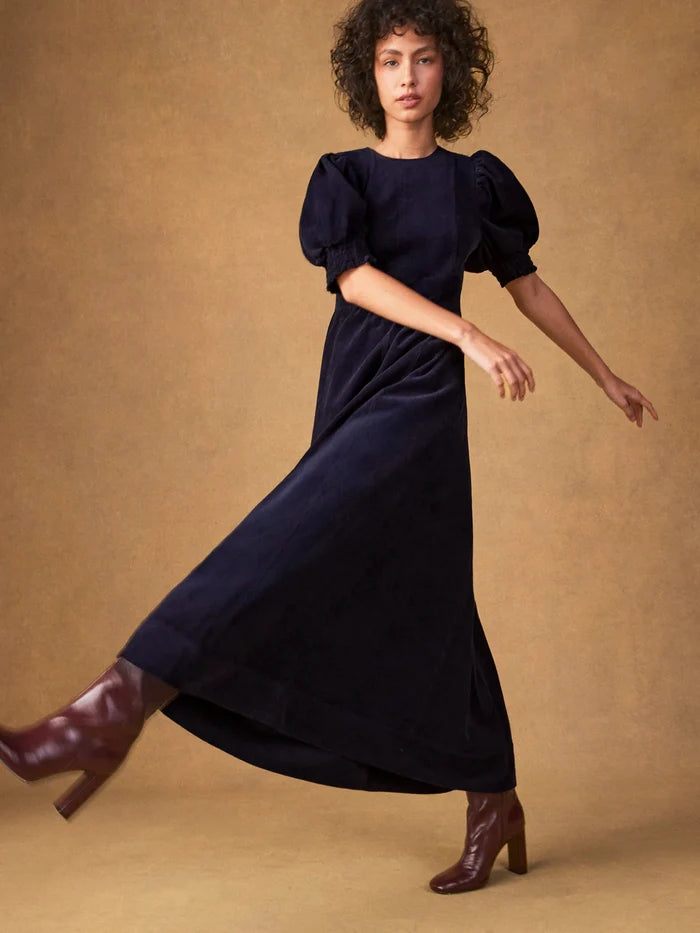 Petite Navy Cord Puff Sleeve Midi Dress