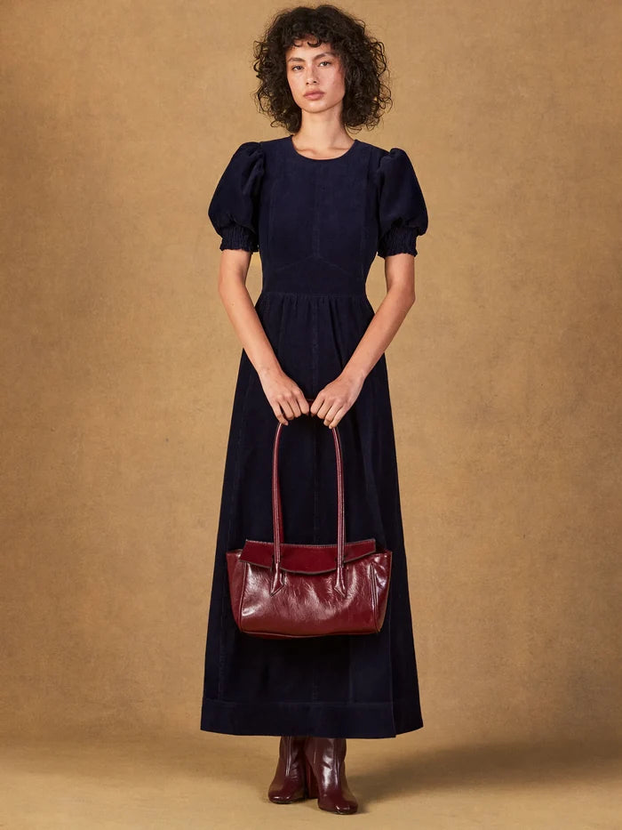 Petite Navy Cord Puff Sleeve Midi Dress